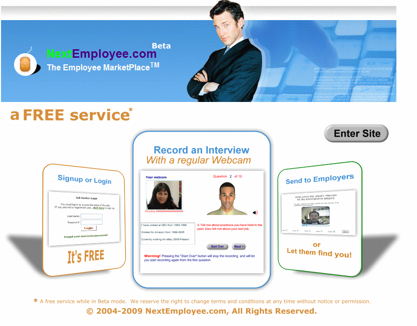 Image explaining that a user can use the free NextEmployee.com service to record an interview and send it to an employer to save time and circumvent the initial interview process and help hi or her get hired quicker.